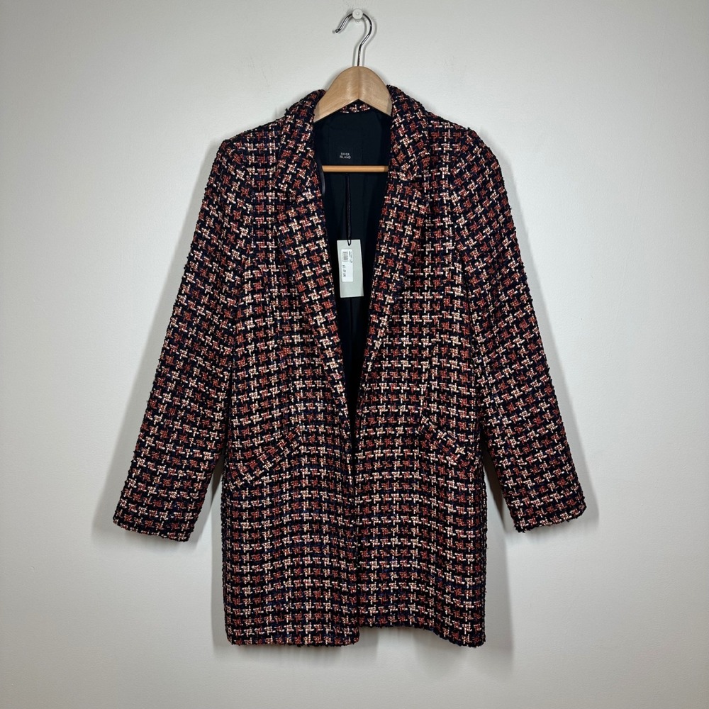 NWT River Island Coat Women 10 Black Red Tweed Check Longline Open Front